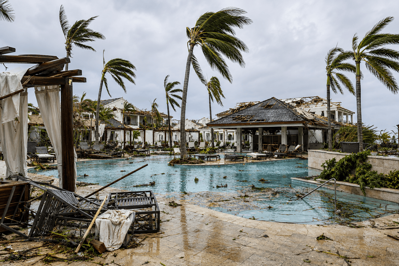 Hurricane damage around a commercial resort pool with damaged outdoor furniture, cabanas, palm trees, and surrounding buildings